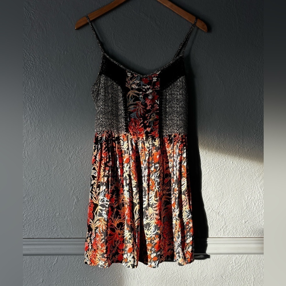 Band of Gypsies Floral Patchwork Swing Dress Adjustable Strap Pockets Size S